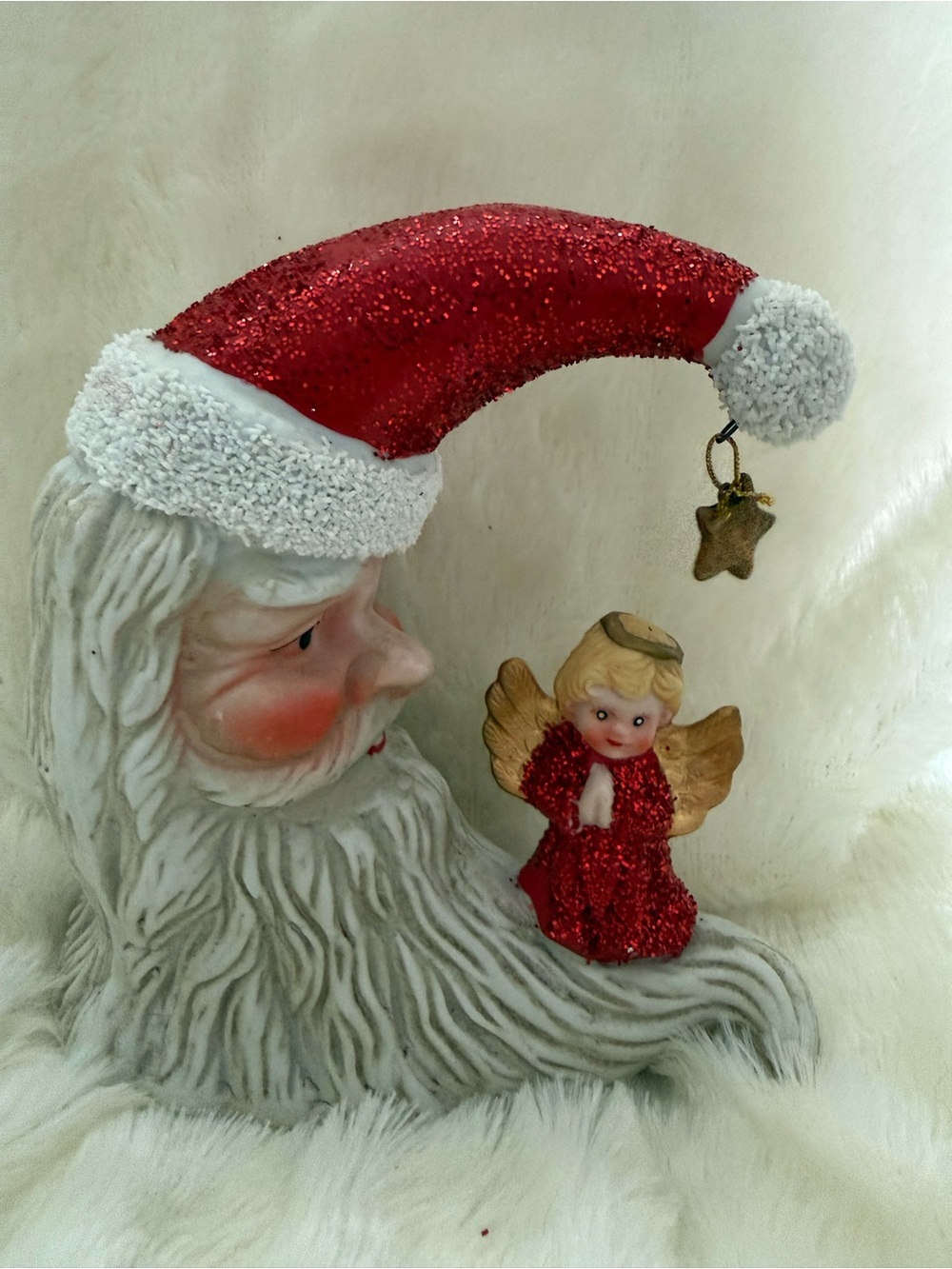 Vintage Christmas Santa Moon With Angel And Star Ceramic Self Sitter